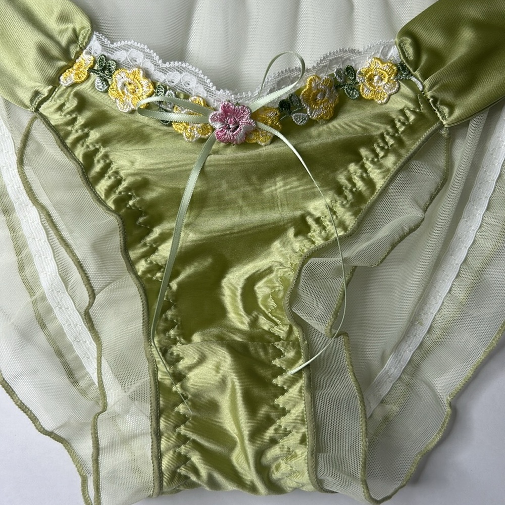 IZA Liquid Satin Moss Green Embroidered Floral Silky Stretch Feminine Panties - Picture 5 of 14